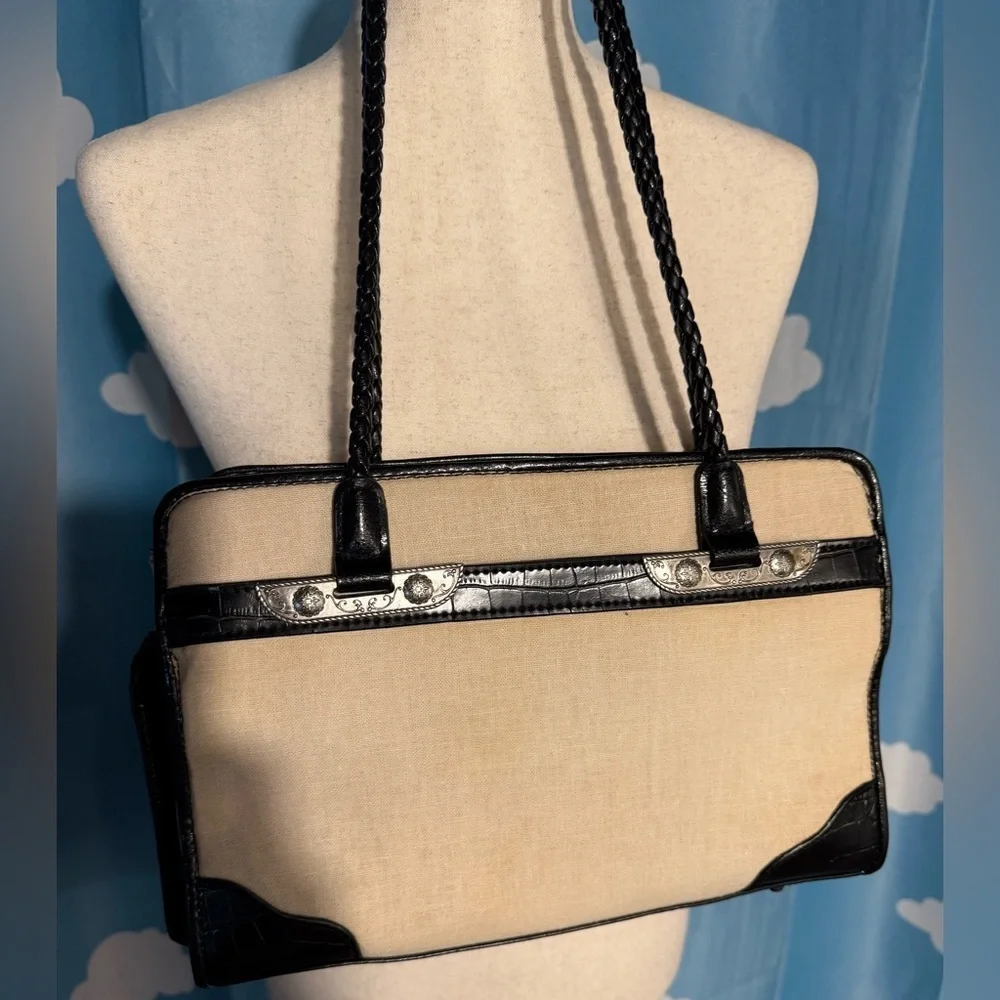 Vintage Bueno linen, silver tone southwest, leather shoulder bag.